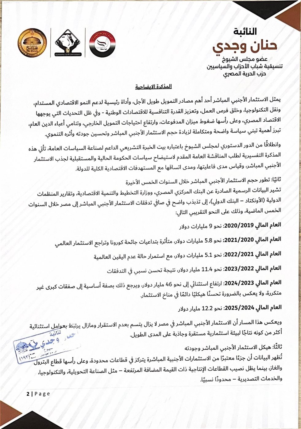 طلب مناقشة عامة بالشيوخ لاستيضاح سياسات الحكومة الخاصة بتدفق الاستثمار