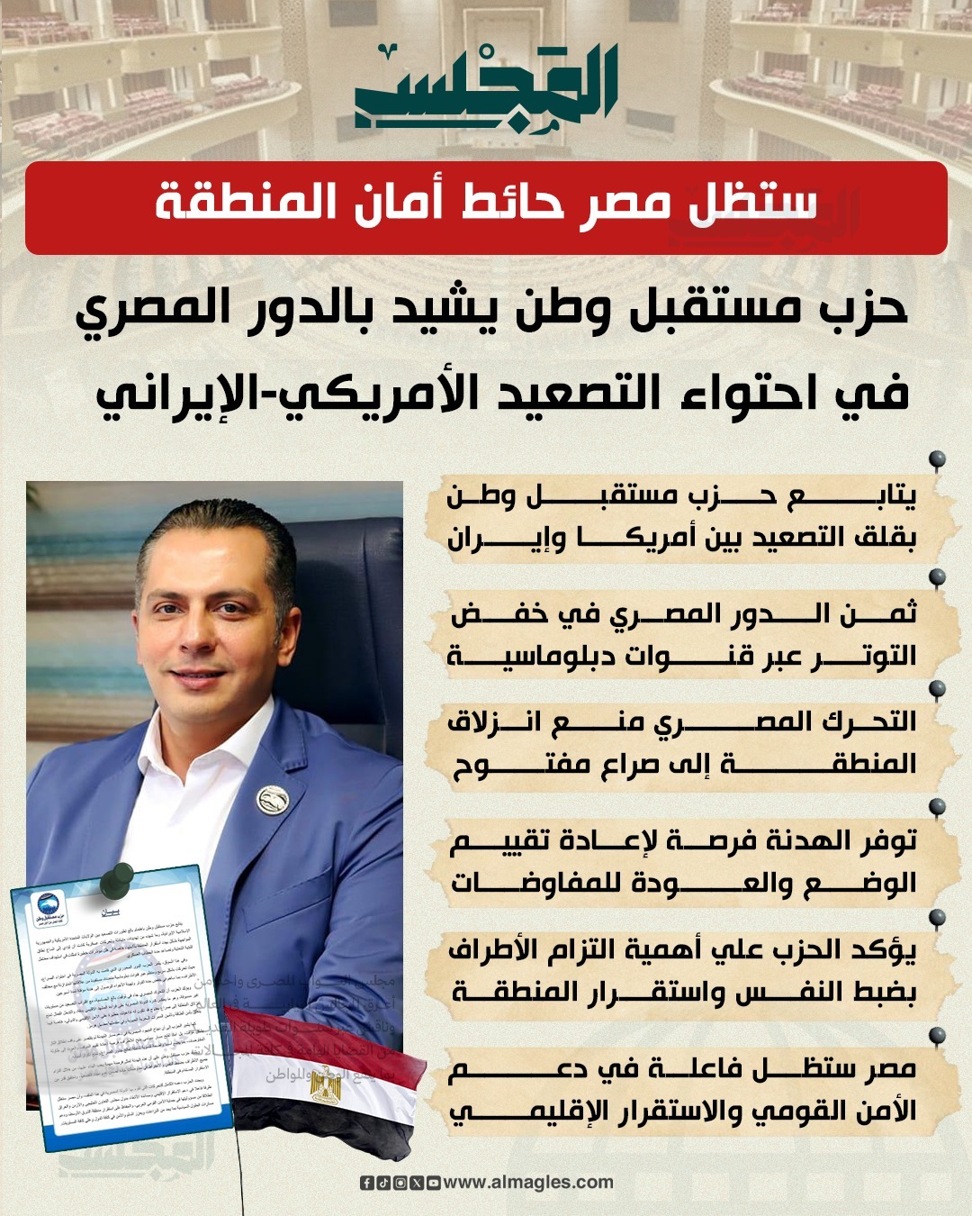 مستقبل وطن يشيد بالدور المصري في احتواء التصعيد الأمريكي الإيراني &nbsp;